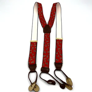 Herren Elastische Hosenträger Rot mit Mehrfarbigem Paisley & Braunem Leder - Bild 1 von 6