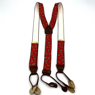 Men's Elastic Suspenders Red w MultiColor Paisley & Brown Leather - Image 1 of 4