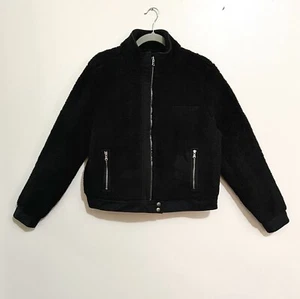 LOFT Plush Black Faux Fur Sherpa Mid-Length Mock-Neckline Jacket w/Front Zipper - Picture 1 of 24