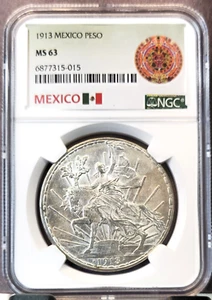 1913 MEXICO SILVER 1 PESO CABALLITO NGC MS 63 RARE GREAT LUSTER - Picture 1 of 3