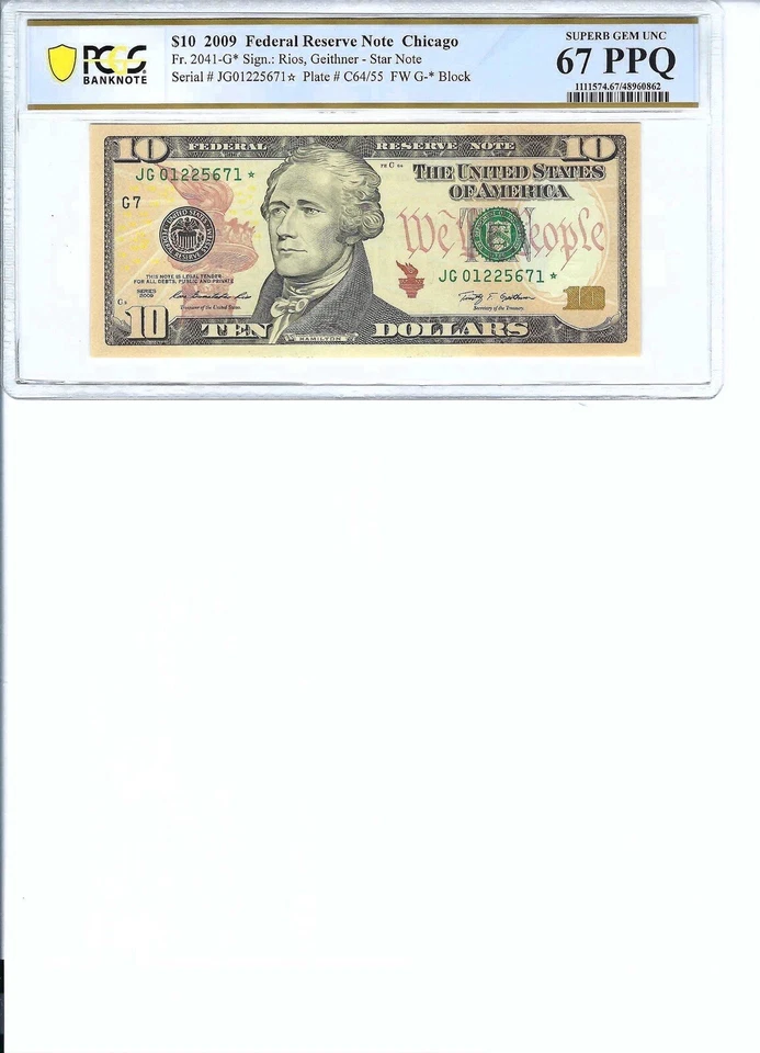 2009 $10 FRN FR2041-G* PCGS Bnk 67 PPQ, Chicago * Note S/N G01225671*!!! - Image 1 of 2
