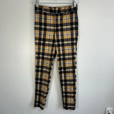 Pantalones elásticos a cuadros Forever 21 para mujer talla pequeña amarillo mostaza/negro/blanco Foto 1 de 4
