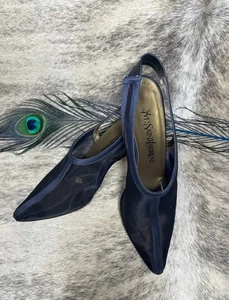 Vintage Spring 1992 Yves Saint Laurent Navy Mesh Slingback Heels SZ US 6/EU 37 - Picture 1 of 14