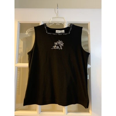 Koret 女式黑色坦克 Carribean 棕榈树亮片坦克衬衫独特女式 LG — 第 1/4 张图片