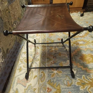 Vtg Antique Leather Saddle Hand Forged Wrought Iron Folding Bench Stool SEE Pic  - Picture 1 of 8