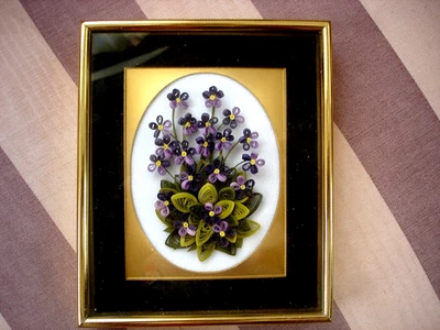 Vintage Lovely 3-D Quilled  Violets Flowers Small Framed Picture - Image 1 of 4