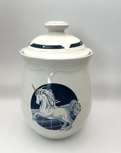 Vintage 80er blau Einhorn Küche Kanister Tienshan Steinzeug 8,5" mit Deckel - Bild 1 von 12