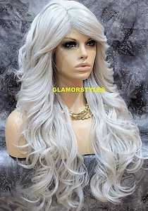 FULL WIG LONG LAYERED WAVY SIDE BANGS SILVER WHITE HEAT OK NWT - Picture 1 of 9
