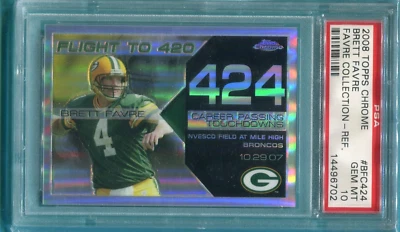BRETT FAVRE PACKERS 2008 TOPPS CHROME FLIGHT TO 420 CARD #424 REF #29/199 PSA 10 - Image 1 of 4