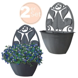 2x Blumentopf Wand Blumen Topf Montage Pflanzen Halterung 32 cm Anthrazit Rattan - Bild 1 von 6