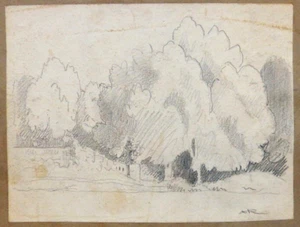 Dessin original de Auguste ROUBILLE (1872-1955) Art Deco paysage arbre - Foto 1 di 1