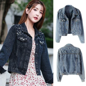 Women's Pearl Denim Jacket Casual Loose Fit Biker Jeans Outwear Coat Plus Size 、 - Picture 1 of 13