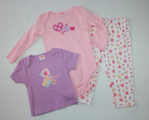 Baby Girls 3 PC SET Pants T-Shirt Bodysuit PINK PURPLE Flower Butterfly 6-9 MO - Picture 1 of 2