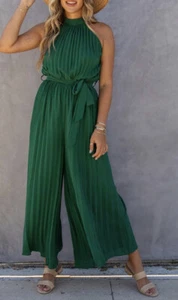 Elegant Halter Neck Belted Pleated Wide Leg Jumpsuit - Picture 1 of 2