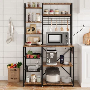 7 Tier Kitchen Bakers Rack Microwave Oven Stand w/ Power Outlet Coffee Bar Shelf - Picture 1 of 10