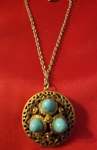Vintage Locket Necklace Blue Stone Gold Tone Lavalier Long - Picture 1 of 8