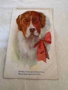Tarjeta postal vintage perro San Bernardo/arco rojo cumpleaños saludos rover - Imagen 1 de 2