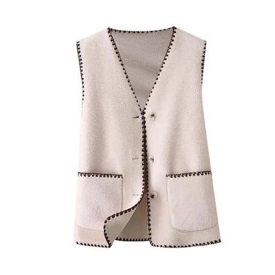 Women Vest with Color Block Design Button Closure and Ruffle Edge Casual Style - Image 1 of 4