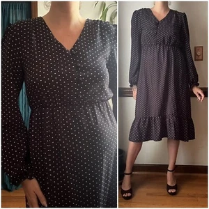 Vintage 80s Black White Polka Dot Secretary Dress Balloon Sleeve Classic Chic M - Picture 1 of 11