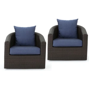 2Set Wicker Rattan Club Swivel Rocker Outdoor Patio Chair Furniture Blue Cushion - Picture 1 of 12