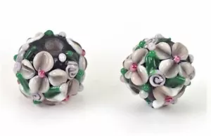 Qty. 5 13mm Black Floral Lampwork Beads w/ Gray Flowers & Pink & Green Accents - Picture 1 of 1