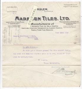MARSDEN TILES BURSLEM STAFFORDSHIRE POTTERY STAFFORD OLD ORIGINAL INVOICE 1910 - Picture 1 of 1