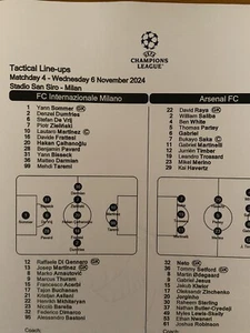 Inter Milan v Arsenal Teamsheet 6th November 24 UEFA Champions League - Picture 1 of 3