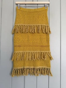 Harlyn Anthropologie Pencil Skirt XS Tiered Fringe Mustard Yellow Sweater Knit - Picture 1 of 7