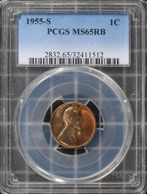 PCGS 1955 S Lincoln Wheat Cent Copper MS65 RB Tone San Francisco Old US Coin   - Image 1 of 4