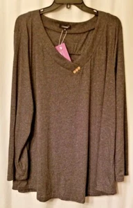 Women's Top Size 3X V-Neck Button Accents Long Sleeve Gray New Tags Soft Comfy - Picture 1 of 6