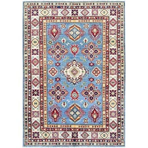 Alfombra anudada a mano de lana suave diseño medallones azul kazajo 4'x5'9" R427 - Imagen 1 de 7