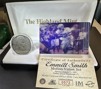 Juego de tarjetas de movimiento y monedas de plata níquel EMMITT SMITH Highland Mint 1997 #72 con certificado de autenticidad Foto 1 de 4