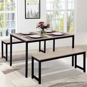 3 Piece Dining Set Beige/ Black Bench Tabletop Kitchen Dining Room Compact New - Picture 1 of 6