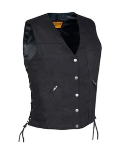 Black Women's Genuine Denim Vest Motorcycle Biker Side Laces Waistcoat - Picture 1 of 5