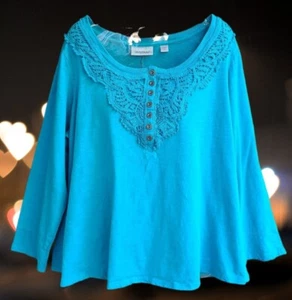 Avenue Womens Top Blouse Long Sleeves Crochet Trim Aqua Blue Size 14-16 - Picture 1 of 7