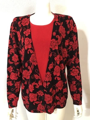 Cathy Daniels Womens XL Red Black Knit Pullover Cardigan Floral 2 piece Look - Image 1 of 4