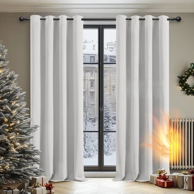 Blackout Curtains 260x140 cm Set of 2 Grey White Opaque Thermal Curtain - Image 1 of 2