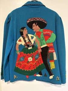 Vintage Mexican Jacket Wool Sweater Embroidered Folk Art Garcia Leal Vtg - WOW - Picture 1 of 17