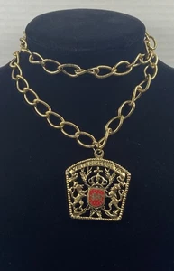 Large Lion Shield Coat of Arms Latin Wording Bold Costume Pendant Necklace - Picture 1 of 7