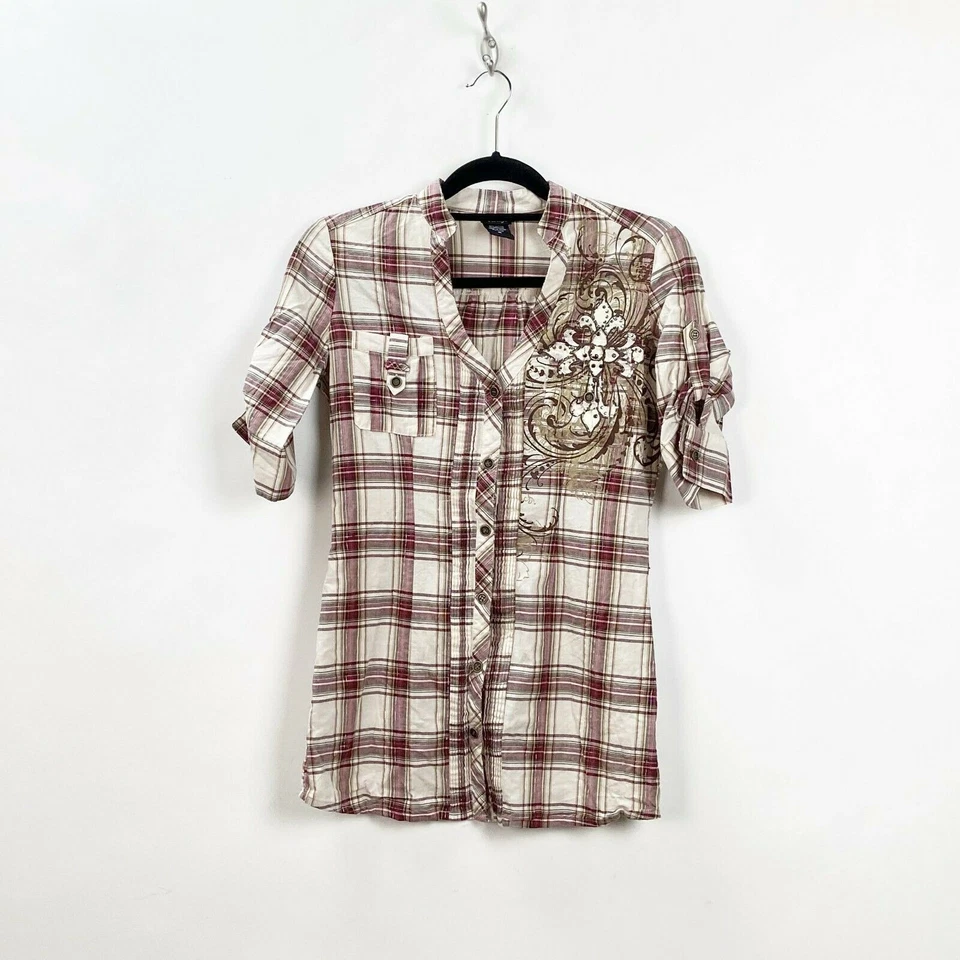 Top tocador pequeño para mujer rojo marfil manga a cuadros bordado con botones Foto 1 de 4