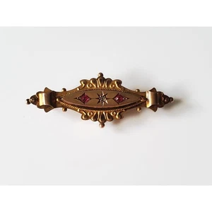 9 KT Gold – Early 1900s Antique England Art Deco Ruby and Diamond Brooch - Picture 1 of 7