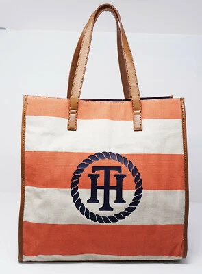 NEW Tommy Hilfiger Orange White Striped Canvas Large Beach Travel Tote Handbag - Image 1 of 4
