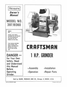 Craftsman 397.19360 1977 1 hp 8" bloque amoladora instrucciones del propietario - Imagen 1 de 1