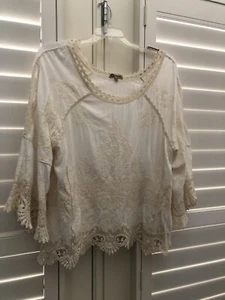 EUC Anthropologie Gorgeous Democracy Ivory Rayon Appliqué Blouse Top Size L - Picture 1 of 6