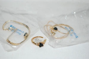 Vintage ~14k Gold Plated Onyx Heart Pendant Necklace, Bracelet & Ring Set ~ - Picture 1 of 8