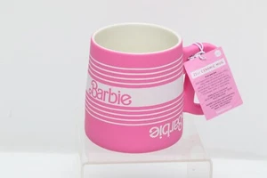Barbie 'B' Shape Handle Logo White Stripe Pattern 21 oz Pink Mug - NEW - Picture 1 of 4