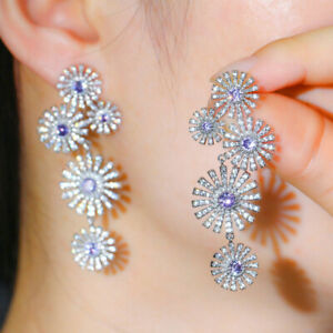 Amethyst Purple CZ Long Sun Flower Dangle Drop Earring for Brides Dress Jewelry