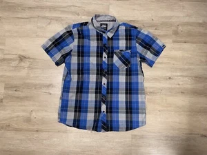Men’s Hart & Huntington Button Up Short Sleeve Blue Black Sz L Plaid Large Shirt - Picture 1 of 8