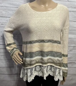 Vintage Rewind Sweater Medium Beige Brown Blue Striped Boho Chic Lace Trim Knit - Picture 1 of 14