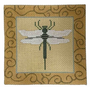 Green Dragonfly with Yellow Border Handpainted Needlepoint Canvas JP Designs - Picture 1 of 7